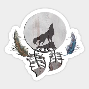 Cool Wolf Howling at Moon Graphic Design Feather Southwestern Dream Catcher Sticker